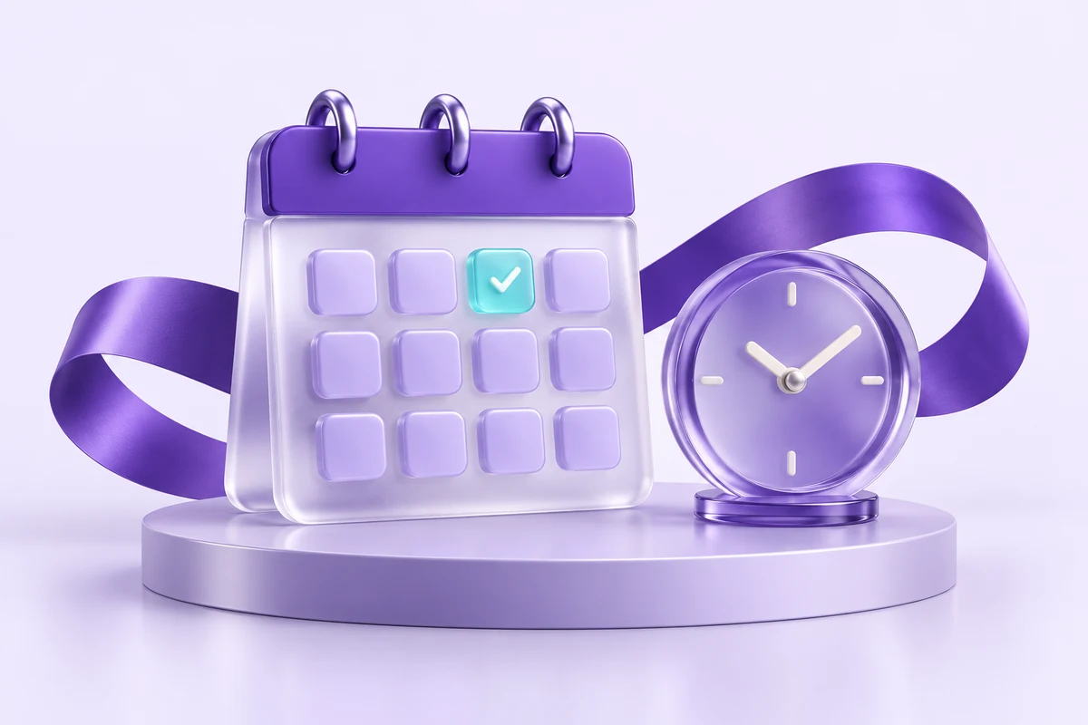 Calendário e relógio de vidro violeta, com um dia destacado em azul claro